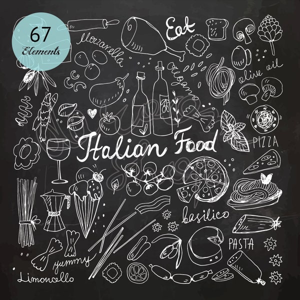 Chalkboard Italian Food Doodles/Hand drawn Clip Art set/Vector EPS + PNG/Personal+ Commercial Use/Pasta/Pizza/Cheese/Tomato/Basil/Olive Oil