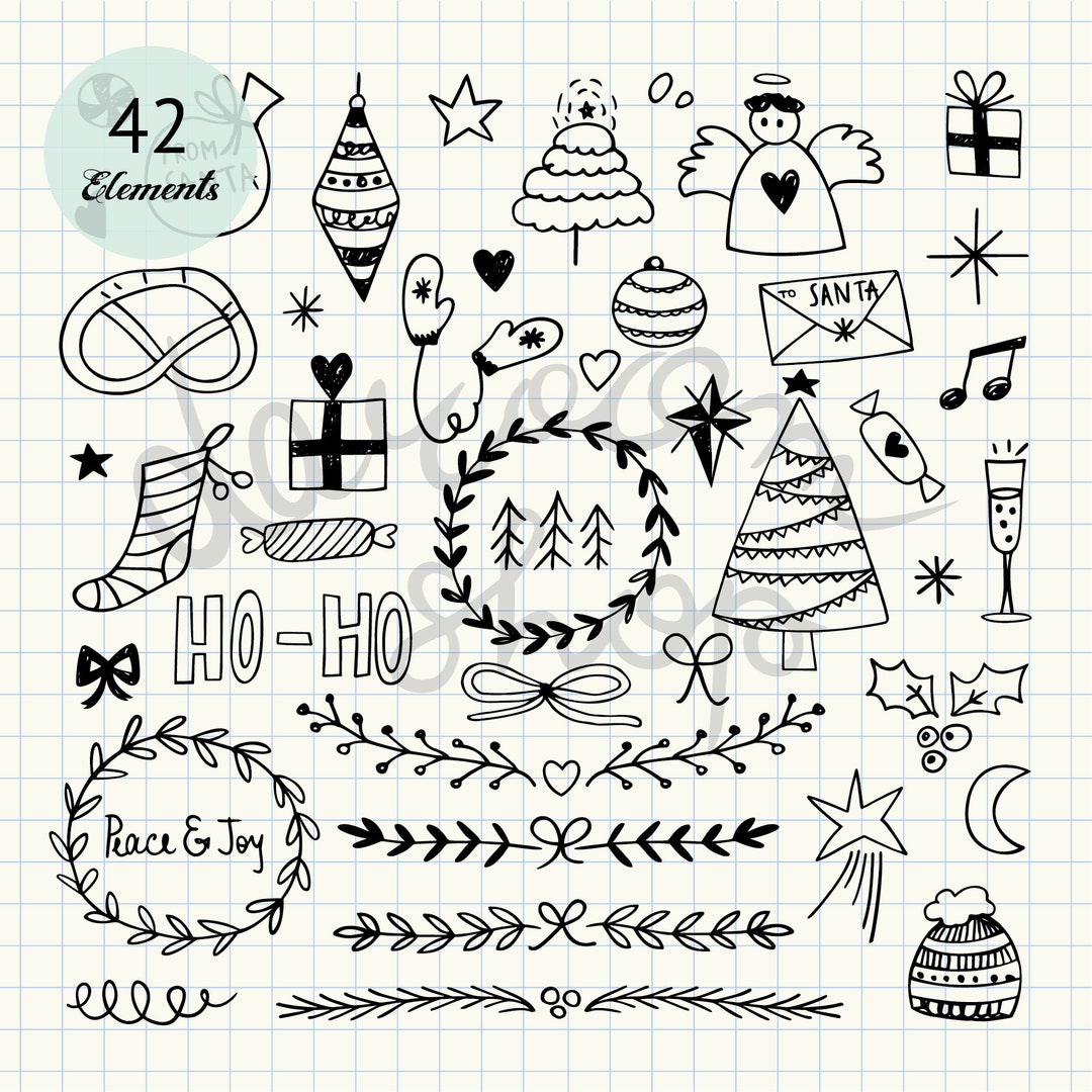 Christmas Doodles Clip Art Set Christmas Design Elements Christmas Tree Clipart Hand Drawn 
