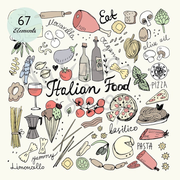 Hand Drawn Italian Food Doodles/Clip Art set/Vector EPS + PNG/Personal+ Commercial Use/Pasta/Pizza/Cheese/Tomato/Basil/Pepperoni/Olive Oil