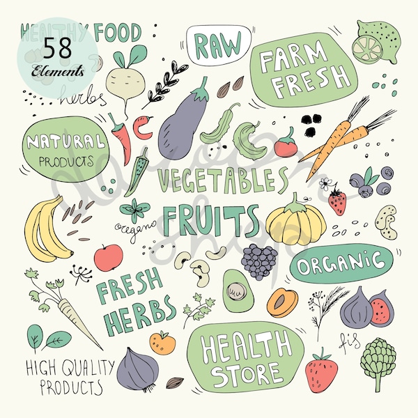 Hand Drawn Organic Clipart,Healthy Food Clip Art,Doodle Collection,Digital Download,Fruits,Veggies,Raw Food,Farm Fresh,Health Store Symbols