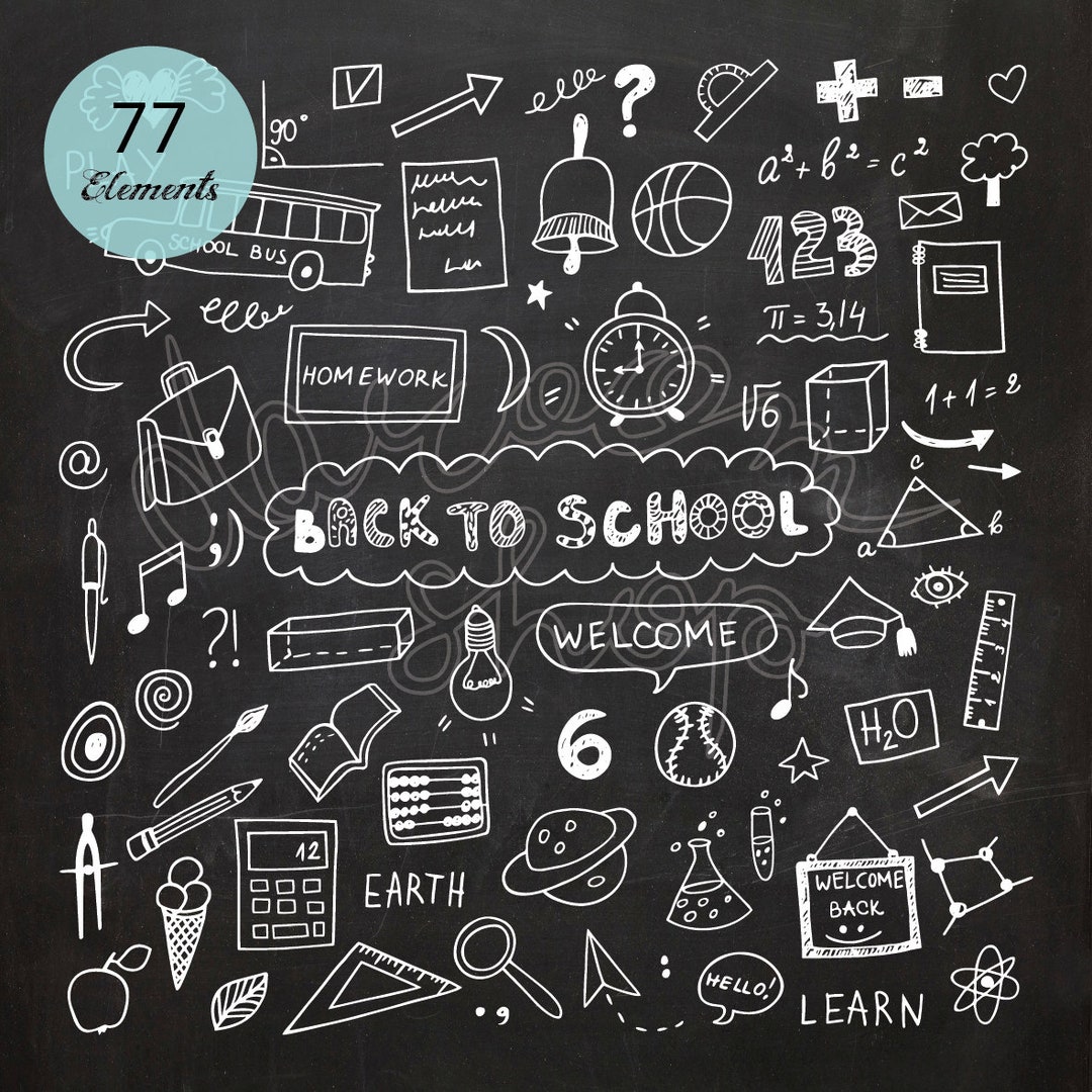 Chalkboard School Clipart. Hand Drawn Chalk Texture School Supplies. Doodle  Teacher, Student, Backpack, Office, Stationery Clipart 0012 