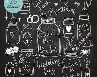 Wedding Chalkboard Doodle Clipart/Love Chalk Drawing/Wedding Invitation/DIY Design Elements/Digital Instant Download/EPS PNG Illustration