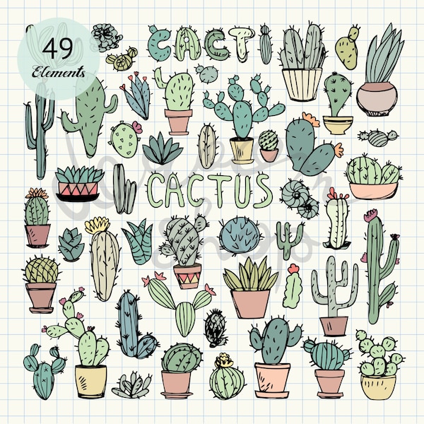 Doodle Cactus Clip Art,Digital Cacti Clipart,Succulent Doodle Collection,Hand Drawn Cactus Illustration,Vector EPS,PNG,Digital Download,DIY