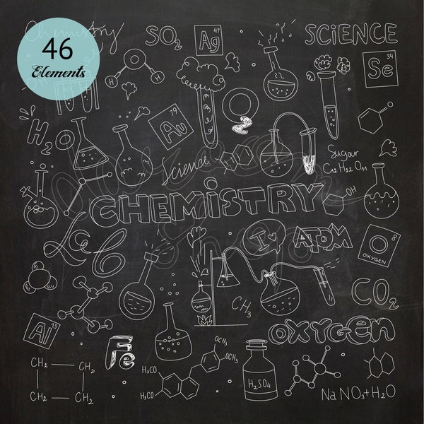 Chalk Hand Drawn Chemistry Clip Art/Lab Elements and Symbols/Back to School Doodle/Educational Collection/Vector EPS PNG/Digital Download