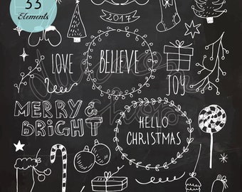 Chalkboard Christmas and New Year Doodles / Clip Art set / Editable Vector EPS + PNG Files / For Personal and Commercial Use