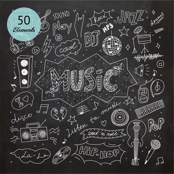 Buy Chalkboard Music Doodle Vector Icons Planner Stickers Doodle