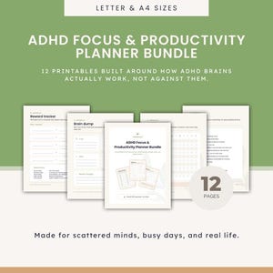 Op de afbeelding: Een digitale ADHD focus and productivity planner bundel met 12 printbare pagina's in letter- en A4-formaat. De bundel bevat een beloningstracker, brain dump en plannerbladen met tekst over dagelijkse organisatie en het structureren van taken.