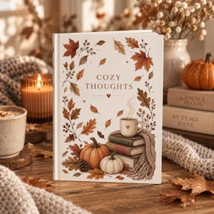 Könnte beinhalten: Ein weißes Hardcover-Buch mit dem Titel COZY THOUGHTS, das eine Illustration von Herbstblättern, zwei Kürbissen, einem Stapel aus drei Büchern und einer dampfenden Tasse zeigt. Das Design enthält ein kleines Herz und Strickmuster.