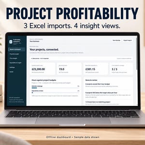 Op de afbeelding: Een laptopscherm met een dashboard voor projectwinstgevendheid met de tekst PROJECT PROFITABILITY, 3 Excel imports. 4 insight views. De interface toont datapunten waaronder £23.300,00, 19,0 uur en £381,15 aan uitgaven op een witte achtergrond.