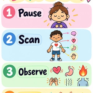 以下が含まれることがあります： Steps to Notice Body Sensationsというタイトルの4つの番号付きセクションがある教育用ポスター。一時停止する人、体の部位をスキャンする人、心臓や胃などの身体感覚を観察する人、感情をカラフルなふわふわしたキャラクターに合わせるイラストが描かれています。