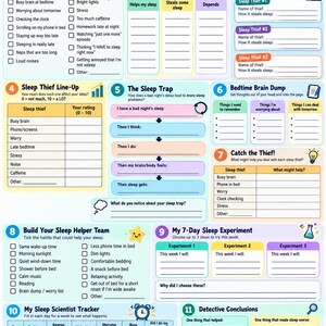 May include: A Sleep Thief Detective worksheet featuring eleven sections to track sleep habits, including checklists for sleep thieves, a sleep trap flow chart, a 7-day sleep experiment log, and a sleep scientist tracker with a blue and yellow theme.