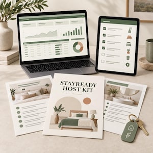 May include: A StayReady Host Kit consisting of a laptop displaying data charts, a tablet showing a green and white checklist, and printed documents featuring interior design imagery. A green keychain with a white house icon and key is included.
