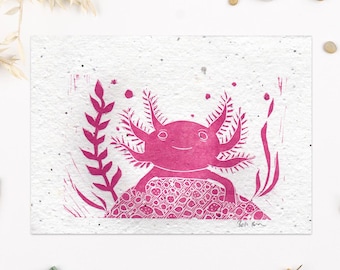 Axolotl lino print, dusty pink, Eco-friendly Art.