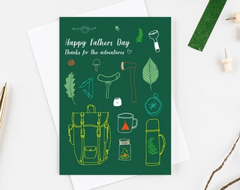 Fathers day card featuring everything you need for a good adventure with text "Happy fathers day, thanks for the adventures" Perfect for dad