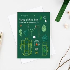 Vatertagskarte mit allem, was du für ein gutes Abenteuer brauchst, mit Text: „Happy Fathers Day, danke für die Abenteuer“ Perfekt für Papa