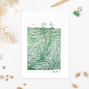 Wild swimming art, lino print, wild swimmer gift, outdoor lover, eco-friendly art, hand printed, printed in the uk, gift for women, teal