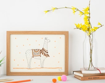 May include: A framed print of a llama wearing a patterned saddle and standing on a light orange background with small orange triangles. The print is in a light wood frame.