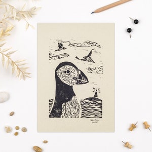 Puffin Lino print, hand printed lino print, puffin nautical print, lighthouse, seaside print, mini print, print for animal lovers, eco art
