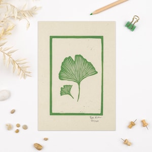 Ginko Lino print, Lino print, Nature lino print, Green Ginko print, eco-friendly art print, nature lover print, mini print, leaf art