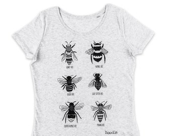 Bee T-shirt, Bee varieties, British bees, Bee womens T-shirt, 100% organic, grey t-shirt, animal lover t-shirt, eco-friendly womens tee, bee