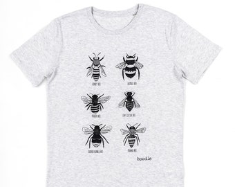 Bee T-shirt, organic menswear, eco-friendly mens t-shirt, animal illustration, bee varieties UK, gifts for men, gift for bee keepers, bees