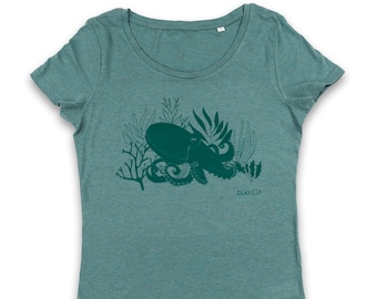 Octopus T-shirt, teal organic womens T-shirt, screen printed, gifts for women, eco-friendly, 100% organic, gift for octopus lover