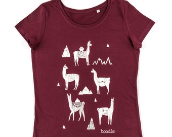 Llama womens T-shirt, burgundy organic cotton ladies T-shirt, screen printed, llama lover t-shirt, animal lover tee, graphic tee, eco tee