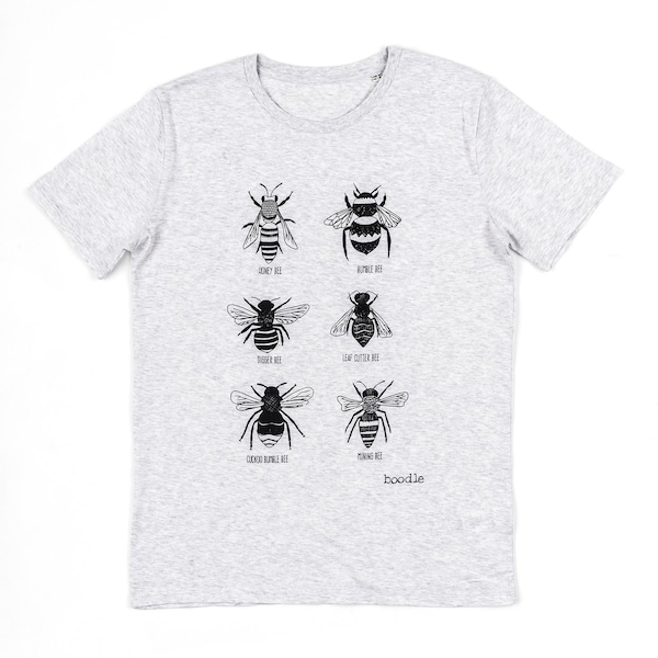 Bee T-shirt, organic menswear, eco-friendly mens t-shirt, animal illustration, bee varieties UK, gifts for men, gift for bee keepers, bees