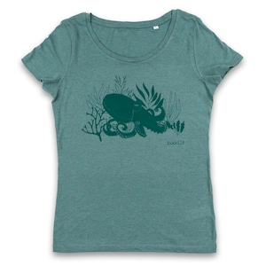 May include: Teal blue t-shirt with a dark green octopus illustration surrounded by seaweed. The text "hoodie" is printed on the bottom right corner of the shirt.