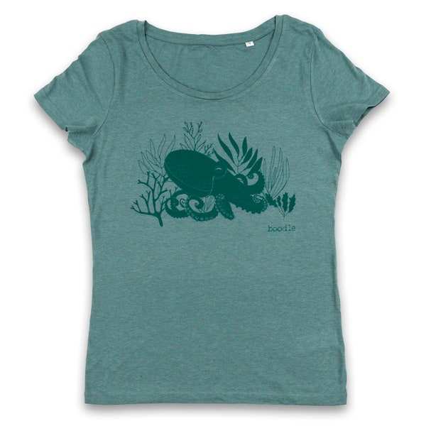 T-shirt poulpe, T-shirt femme bio bleu sarcelle, sérigraphié, cadeaux pour femme, respectueux de l'environnement, 100 % bio, cadeau pour amateur de poulpe