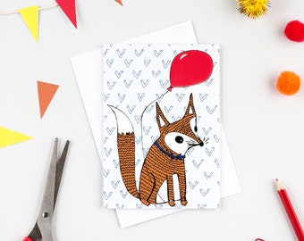 Fox birthday card, fox and balloon, kids birthday card, kids party card, animal loving card, cute fox card, fox lovers card, kids card