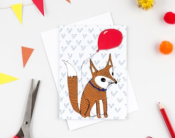 Biglietto d'auguri volpe, volpe e palloncino, biglietto d'auguri per bambini, biglietto festa per bambini, biglietto amorevole per gli animali, simpatico biglietto volpe, biglietto per gli amanti della volpe, biglietto per bambini
