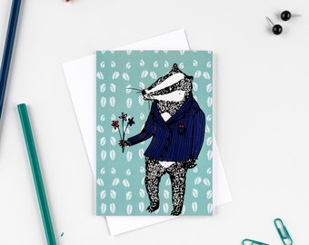 Badger card, birthday badger card, British animal card, badger and flowers, badger lover card, new home card, animal lovers card