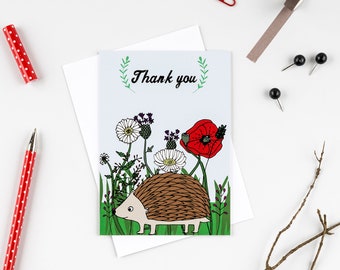 Thank you card, hedgehog lover card, cute thank you card, animal thank you card, illustrated card, hedgehog and flowers card, teachers card