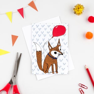 Fox birthday card, fox and balloon, kids birthday card, kids party card, animal loving card, cute fox card, fox lovers card, kids card