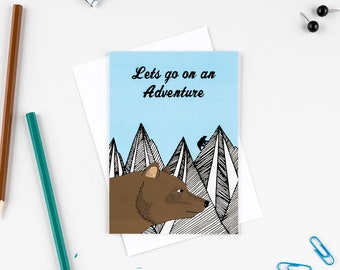 Vamos a una tarjeta de aventura, tarjeta de aventura de montaña, tarjeta de oso pardo, tarjeta de aventura, tarjeta de viaje, tarjeta de año sabático, tarjeta para hombres