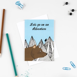 Partons sur une carte d'aventure, carte d'aventure en montagne, carte d'ours brun, carte d'aventure, carte de voyage, carte d'année sabbatique, carte pour hommes