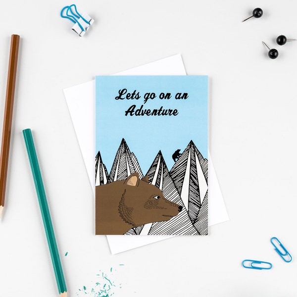 Lets go on an adventure card, mountain adventure card, brown bear card, card for adventure, card for travel, gap year card, card for men