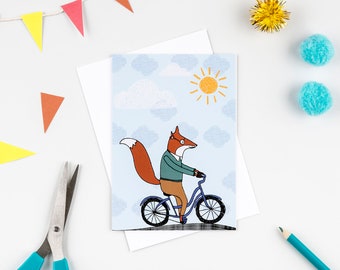 Fox on a bike card, fox greetings card, bike lover card, fox lover card, animal lovers card, animal loving gift, card for dads, card for men