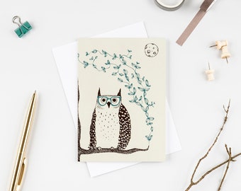 Owl card, wise owl card, owl with glasses, animal lover card, owl lover card, bird lover card, owl illustration card, blank card, owl & moon