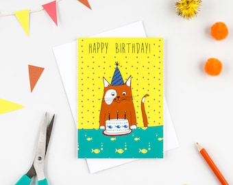 Cat card "Happy birthday" cute cat card, cat lovers card, birthday cat card, happy birthday cat card, ginger cat, birthday cat, fish dinner