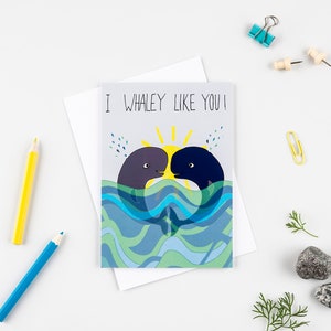 Walviskaart "I whaley like you", dierenvriendkaart, nautische kaart, valentijnskaart, verjaardagskaart, vriendenkaart, milieuvriendelijke kaart, walvis