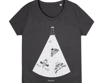 Moths in torch light T-shirt, insect T-shirt, graphic womens tee, animal lover t-shirt, eco-friendly, 100% organic, gift for women, moths