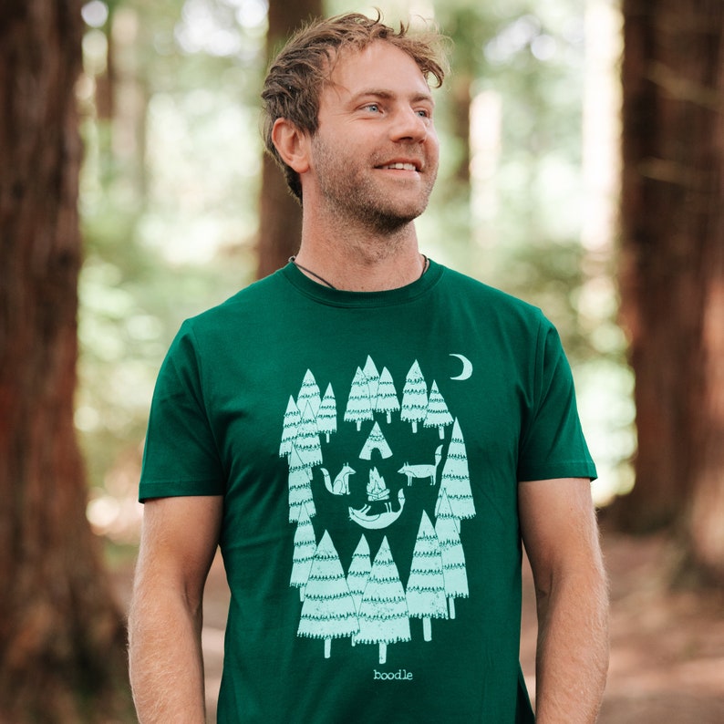 Fox T-shirt, Foxes in the forest, camping T-shirt, Mens adventure t-shirt, organic menswear, gifts for men, eco-friendly mens, gift for dad image 2