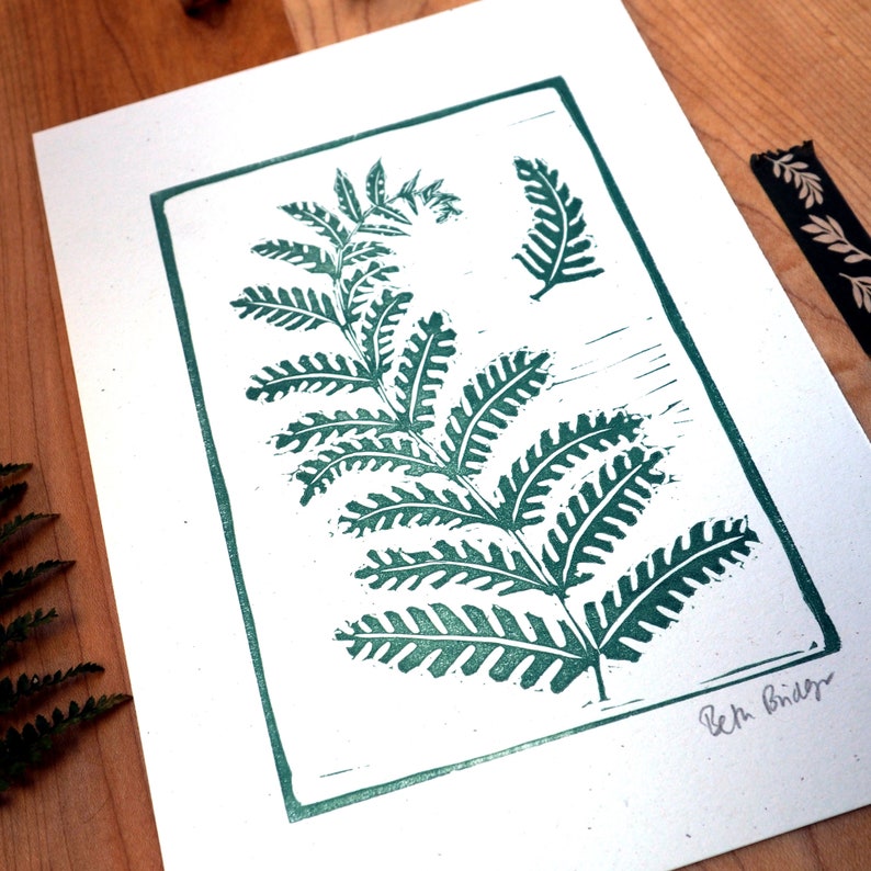 Fern Lino print, eco-friendly art, nature art, art for nature lover, green fern, mini print, leaf print, hand printed, made in the uk image 3
