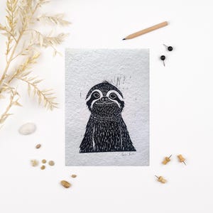 Sloth Lino print, Lino print, Animal lino print, cute Sloth print, eco-friendly art print, animal lover print, mini print, sloth portrait