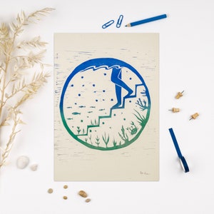 Stepping into the unknown print, wild swimming print, wild swimming lover, marine lake, art for swimmers, gift for wild swimmer, crab, fish
