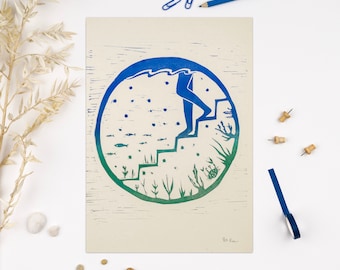Stap in de onbekende print, wilde zwemprint, wilde zwemliefhebber, zeemeer, kunst voor zwemmers, cadeau voor wilde zwemmer, krab, vis