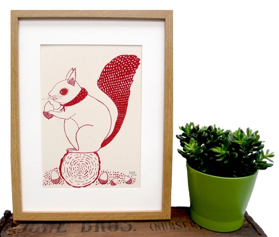 Squirrel art print, red squirrel print, SALE print, nursery art, squirrel lover art, red squirrel art print, screen printed, eco-friendly