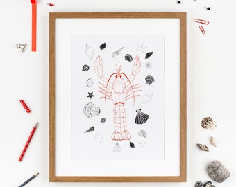 Lobster art print, lobster wall art, kitchen art, nautical art print, gift for chef, gift for men, orange lobster, eco-friendly art